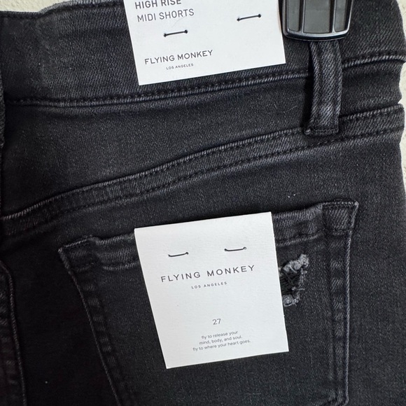 Flying Monkey High Rise Black Jean Midi Shorts Distressed Raw Hem - Picture 3 of 4